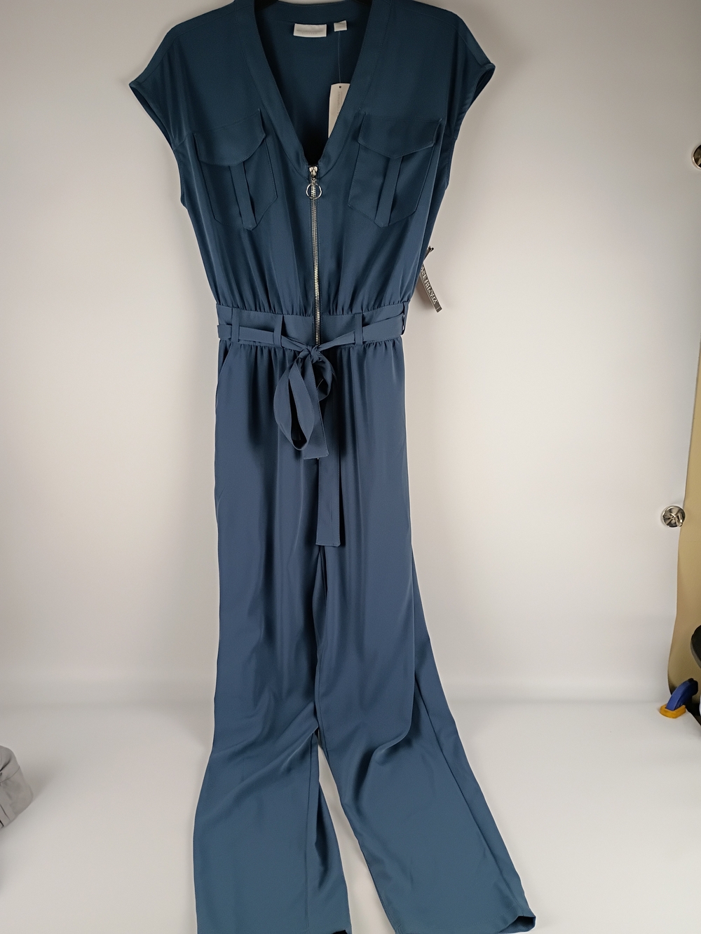 New York & Company Slate Blue Utility Jumpsuit with Tie Belt